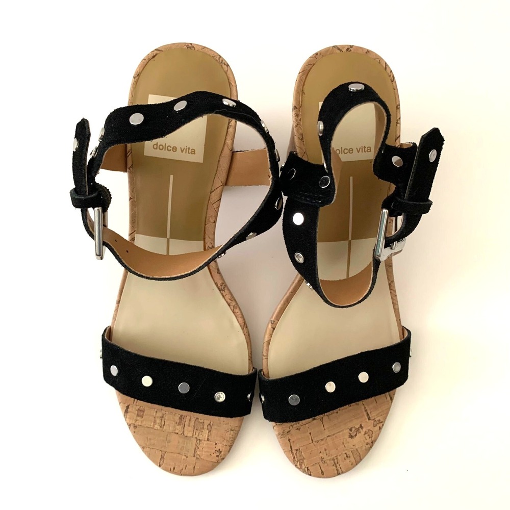 New Dolce Vita Jalina Studded Black Suede Leather Sandals Round Cork Heel 6 - Picture 3 of 12